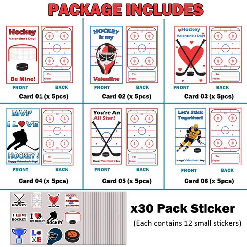 DQFAQYY Hockey Themed Valentine's Day Cards with Sticker, 30 Pack Valentines Day Gifts for Kids School Classroom Gift Exchange, Valentine Party Favor Supplies