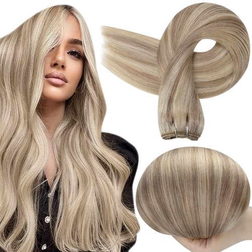 Full Shine Sew in Hair Extensions Ash Blonde Highlight Human Hair Sew in Extensions Hair Wefts Human Hair Ash Blonde Mixed with Bleach Blonde Real Hair Extensions Sew in 18 Inch 105g Per Pack #P18/613