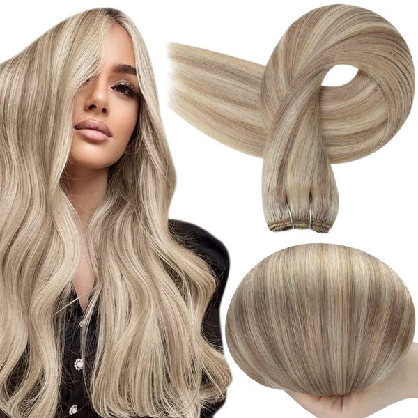 Full Shine Sew in Hair Extensions Ash Blonde Highlight Human Hair Sew in Extensions Hair Wefts Human Hair Ash Blonde Mixed with Bleach Blonde Real Hair Extensions Sew in 18 Inch 105g Per Pack #P18/613