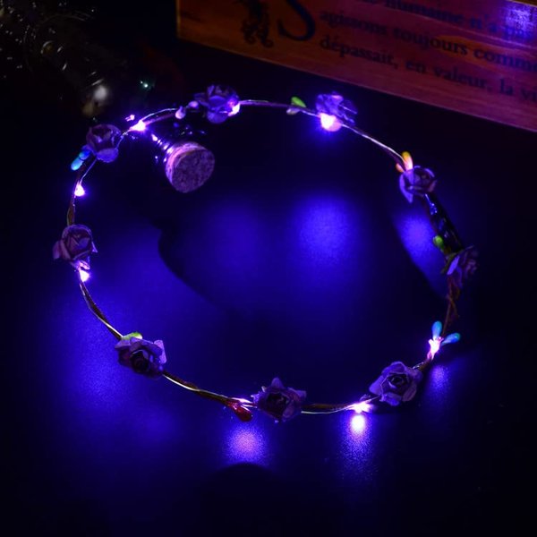 LEEMASING Led Light Women Flower Girl Headband Glow Blinking Crown Hair Wreath For Girls Women Wedding Festival Christmas New Year Party (Purple)