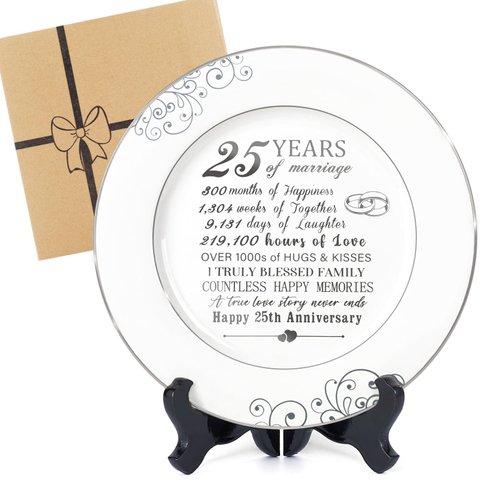 Urllinz 25th Anniversary Plate with Platinum Foil-25th Anniversary Wedding Gifts for Couple Silver Unique,25th Year Annivesary Marriage Gifts for Her Him Husband Wife,9 Inch