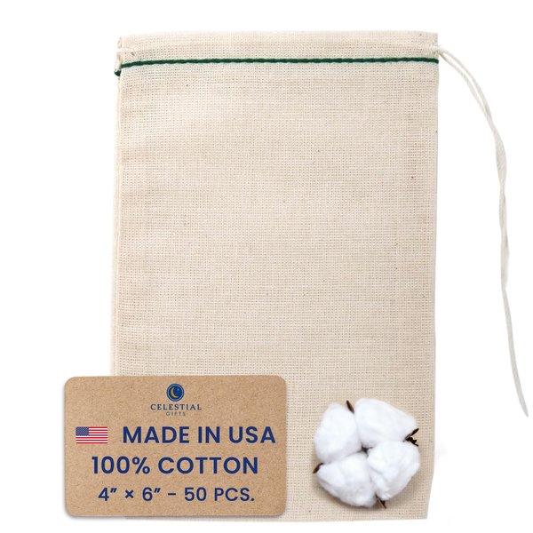 Celestial Gifts Muslin Bags - Drawstring Bags Medium 50pcs, 4x6 St. Patrick’s Day Party Favor Bag - 100% USA Cotton (Green Hem & Natural Drawstring)