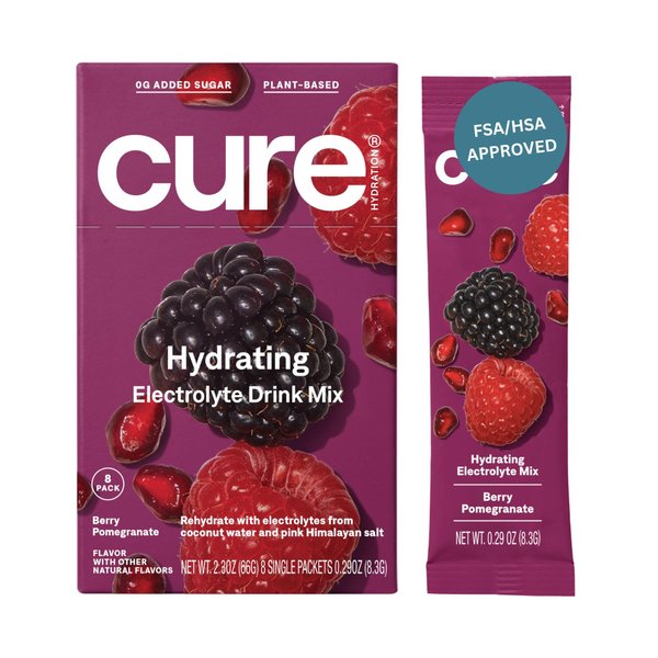 Cure Hydration | Plant-Based Electrolyte Drink Mix | No Added Sugar | Dehydration Relief Powder Made with Coconut Water | Non-GMO | Vegan | FSA & HSA | Box of 8 Packets - Berry Pomegranate