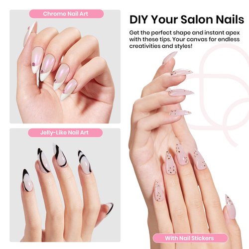 Beetles Tipex Gel Nail Kit, Medium Almond Nail Tips 224 Pcs 16 Sizes Pre-Building Pre-Etched Thick Acrylic Tips with Tipex Glue, Mini Lamp