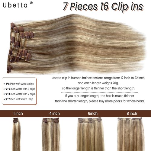 Remy Human Hair Clip in Extensions, Ash Brown Mixed Platinum Blonde Clip in Hair Extensions Real Human Hair,16 Inch 70G 7 Pcs Double Weft Hair Extensions Real Human Hair Clip ins for Women