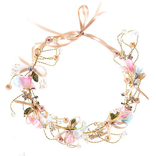 Artfen Handmade Bridal Flower Garland Bow Headband Bridesmaid Children Crown Hair Wreath Halo Adjustable Ribbon Wedding Festivals Party Cosplay