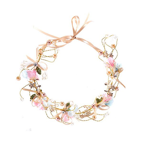 Artfen Handmade Bridal Flower Garland Bow Headband Bridesmaid Children Crown Hair Wreath Halo Adjustable Ribbon Wedding Festivals Party Cosplay