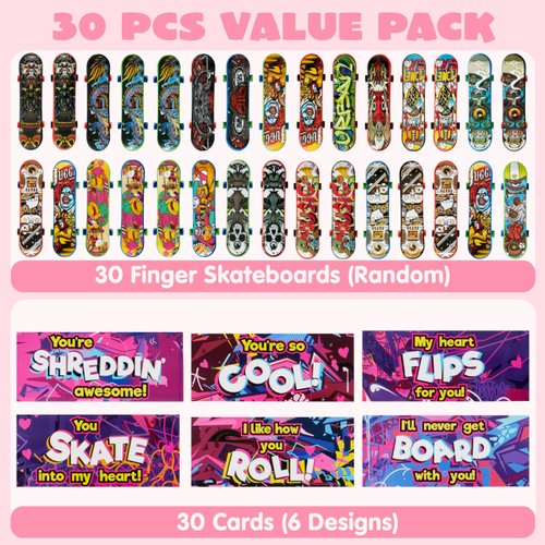 JOYIN 30 Packs Valentine's Day Mini Finger Skateboards with Cards, Classroom Exchange Gift for Kids, Kids Toys Party Favor, Classroom and Holiday Reward Prizes