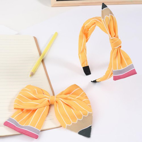 ZEYER Back To School Headband for Students & Teachers, Yellow Pencil Headbands & Pencil Bow Hair Clips Cute Pencil Bow Knotted Hairbands Back to School Hair Accessories 2PCS