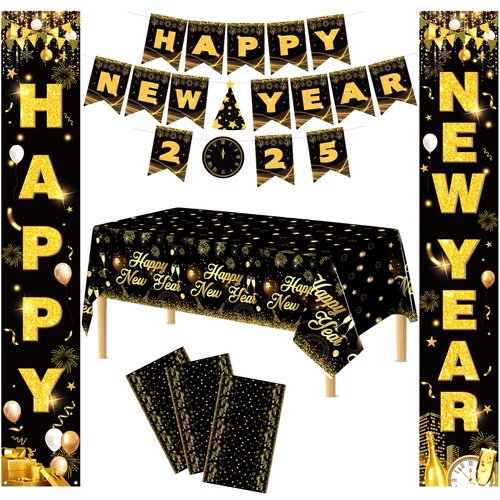Happy New Year Decorations 2025, 5Pcs Black Gold Happy New Year Party Supplies Happy New Year 2025 Banner New Year Front Door Porch Sign Disposable Tablecloths for 2025 New Years Eve Party Supplies