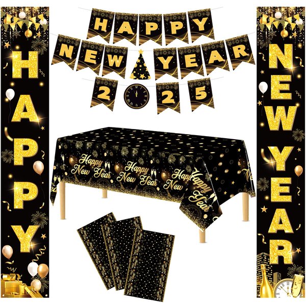 Happy New Year Decorations 2025, 5Pcs Black Gold Happy New Year Party Supplies Happy New Year 2025 Banner New Year Front Door Porch Sign Disposable Tablecloths for 2025 New Years Eve Party Supplies