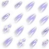 Purple Press on Nails Almond Fake Nails Medium False Nails with Glitter Rhinestones 3D White Bow Purple Blush with Star Swirl Silver Space Metallic Nail Design Silver Chrome Nails Y2K Nails for Women