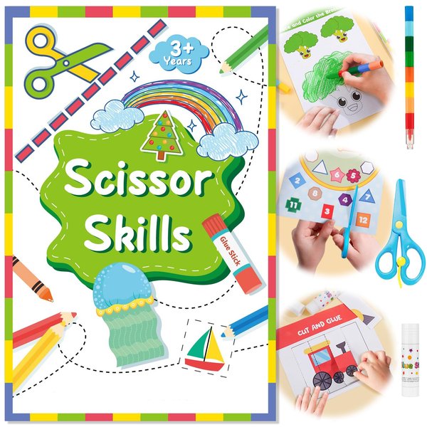 Toddler Scissor Skills, 48-Page Fun Activity Booklet, Art & Crafts Kit for Kids, Fine Motor Toys, Safety Scissors, Cut, Count and Draw, Christmas Gift for Boys & Girls Ages 3, 4, 5, 6, 7 Year Old