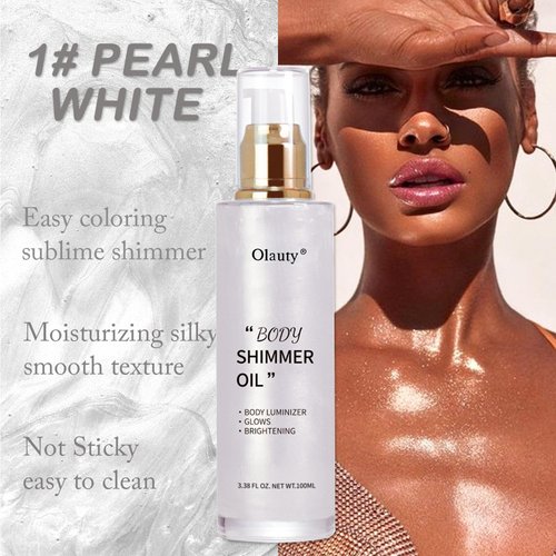 Shimmer Body Oil-Pearl White Face Brighten Glow Pearl Highlighter Liquid Illuminator Body Glow Oil,4 Color Bronze Makeup Glitter Body Shimmer Oil with Makeup Brush