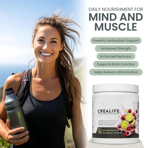 CreaLife - German Micronized Creatine + USA Tart Cherry + Vitamin B6 - Pre and Post Workout Supplement for Women & Men, Tart Cherry Lime Flavor, Caffeine-Free Nourishment for Body and Brain