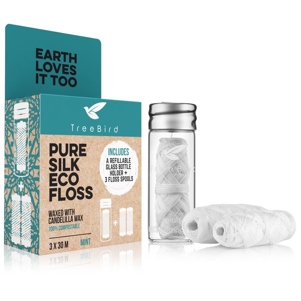 Biodegradable Dental Floss by TreeBird | Refillable & Reusable Zero Waste Glass Dispenser | 3x33yd Waxed Natural Cruelty Free Peace Silk Spools | 100% Compostable | Eco Friendly Plastic Free Oral Care