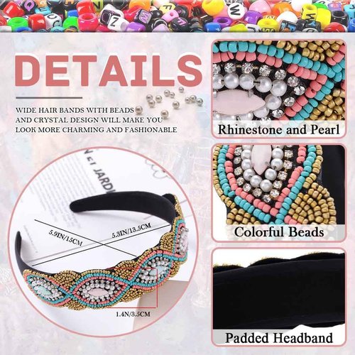 Woeoe African Beaded Hair Band Crystal Wide Padded Headbands Rhinestone No Slip Hair Hoops Party Festival Hair Accessories for Women Girls(Pack of 2)