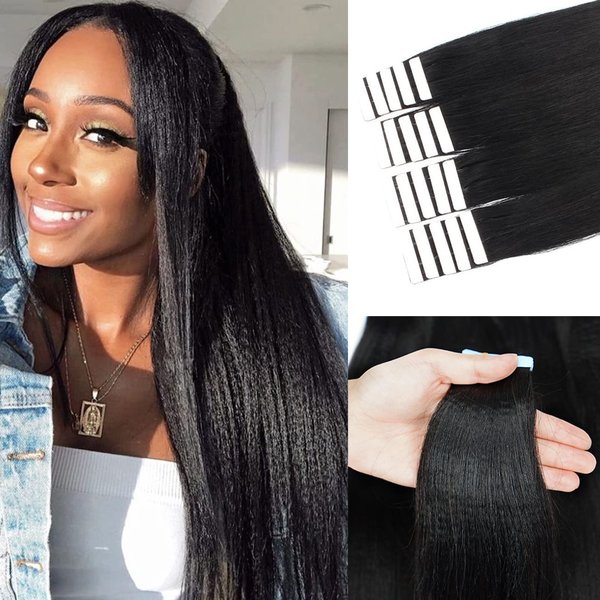 Yaki Straight Tape in Hair Extensions Human Hair Black Women, 20 Inch Yaki Human Hair Tape in Extensions Tape ins for Black Women Human Hair Invisible Tape in Extensions Human Hair Seamless PU Weft