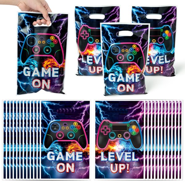 50Pcs Video Game Party Favor Bags, Video Game Party Bags, Gaming Sweet Goody Candy Treat Bags, Game on Theme Party Decorations Plastic Gift Bag Birthday Snack Bag for Kids Birthday Party Supplies