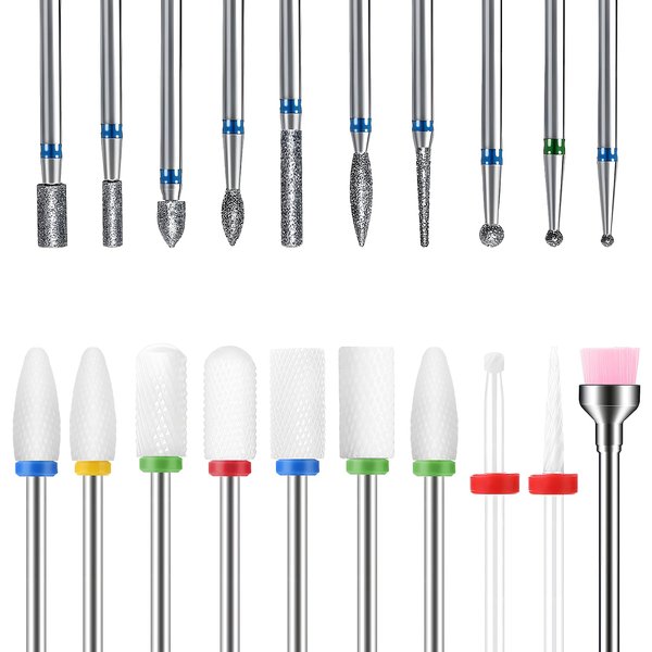 Kafellongls 20pcs Nail Drill Bits Sets, 3/32-inch Diamond Cuticle Electric Nail File and Ceramic Acrylic Gel Nail Bit Kit, Acrylic Nail Art Tools, Carbide Cuticle Remover Bits for Manicure Pedicure