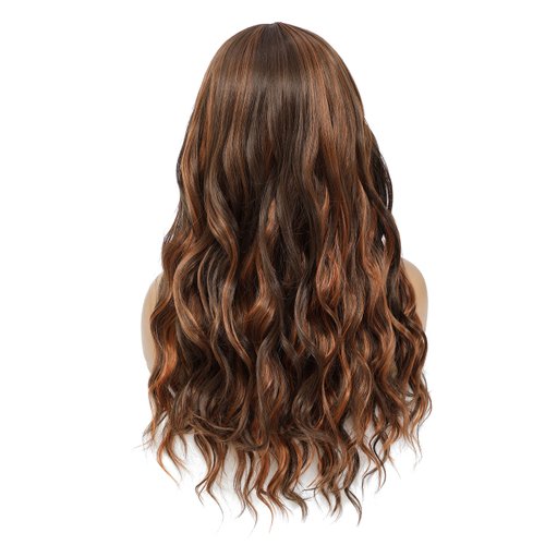 SWACC Long Curly Wavy Wig with Bangs Synthetic Hair Wig for Women with Wig Cap (Brown Auburn Highlight)