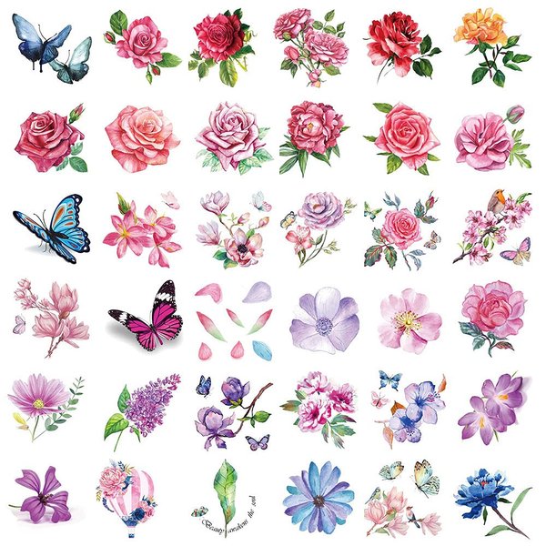 40 Sheets Flowers Temporary Tattoos Small Stickers 3D Rose Peony Lavender Leaf Butterfly Flower Collection Waterproof Fake Tattoos for Women Girl, Watercolor Floral Body Art Tattoo Stickers
