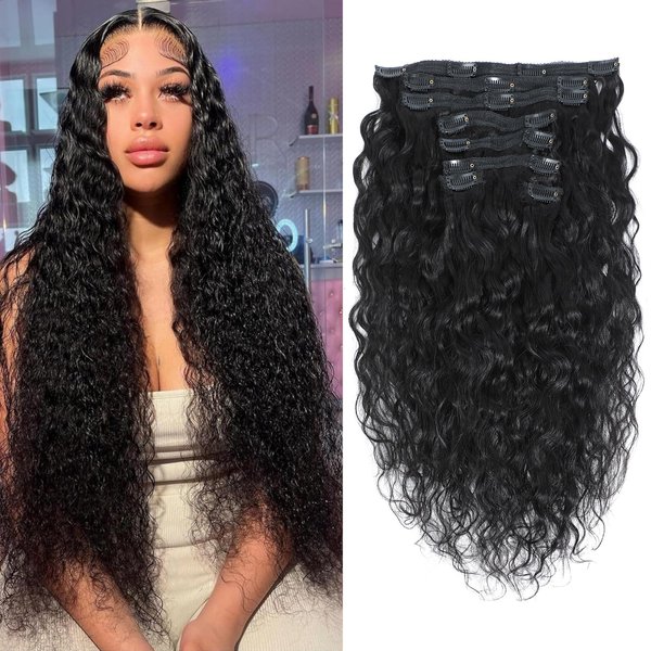 Clip in Hair Extensions Water Wave Natural Curl 100% Unprocessed Brazilian Human Hair Wavy Hair for Black Women (20")
