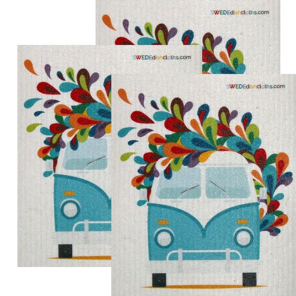 Hippie Bus Set of 3 each Swedish Dishcloths | ECO Friendly Absorbent Cleaning Cloth | Reusable Cleaning Wipes