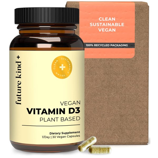 Future Kind Vegan Vitamin D3 (30 Softgels in Glass Bottle) - 2500 IU Plant-Based Vitamin D Supplements for Cell and Immune Support - Sugar-Free, Lichen-Based Vitamin D Supplements for Women & Men