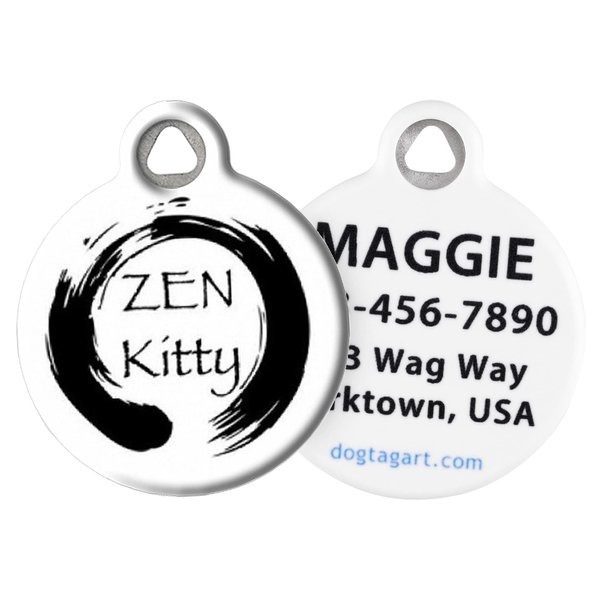 Dog Tag Art Zen Kitty Custom Pet ID Tag for Cats, Silent Polymer Coated Stainless Steel Nametag with Customized Identification Information - Small .875 inch