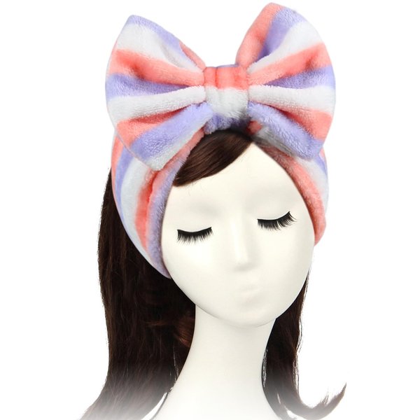 Shintop Women Fashion Lovely Soft Carol Fleece Bowknot Bow Makeup Cosmetic Shower Elastic Hair Band Hairlace Headband (Purple Stripe)