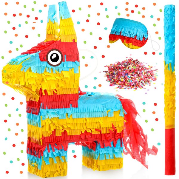 Lenwen Donkey Pinata 16 x 10 x 3 Inch Fiesta Donkey Pinata Bundle with Stick Blindfold and Confetti Mexican Pinata Rainbow Donkey Pinata for Kids Birthday, Cinco De Mayo Fiestas Party Favors Decor