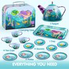 JOYIN Mermaid Tea Party Set for Little Girls, Pretend Tin Teapot Set, Princess Tea Time Play Kitchen Toy with Cups, Plates and Carrying Case for Birthday Easter Gifts Kids Toddlers Age 3 4 5 6