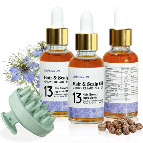 3Pack Hair Oil for Frizzy Hair, Scalp Oil for Hair Growth, 15% Castor Oil Rosemary Oil infused Lightweight Hair Oil for Damaged Hair Organic Black Seed Oil, Repair and Strengthen, Herbal Scent
