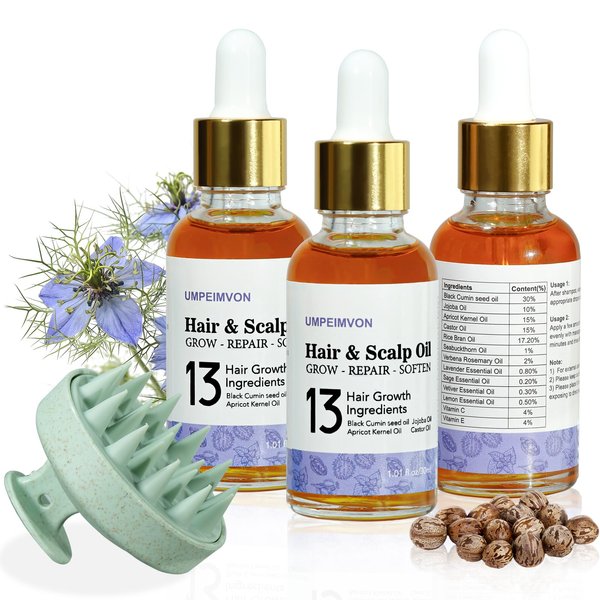3Pack Hair Oil for Frizzy Hair, Scalp Oil for Hair Growth, 15% Castor Oil Rosemary Oil infused Lightweight Hair Oil for Damaged Hair Organic Black Seed Oil, Repair and Strengthen, Herbal Scent