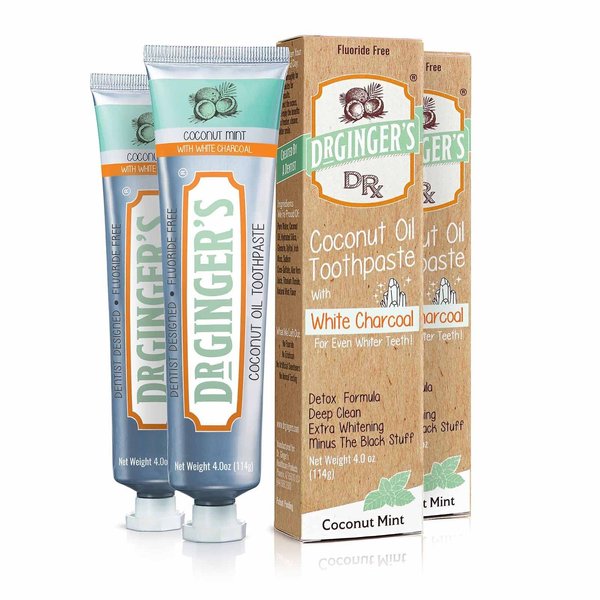 Doctor Ginger's Coconut Oil Toothpaste with White Activated Charcoal, All-Natural Whitening Power, Enamel-Safe, Reduces Plaque & Gum Sensitivity, Fluoride-Free, Coconut Mint Flavor, 4oz, 2ct