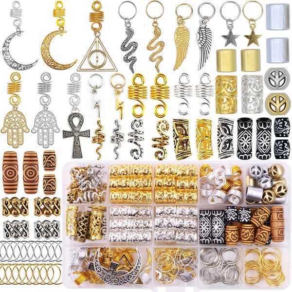 NAISKA 184Pcs GoldHair Jewelry for Braids Metal Alloy Snake Braid Clips Dreadlocks Accessories Loc Adornment Wood Beads Hair Charm Hair Rings Cuffs for Women and Girls