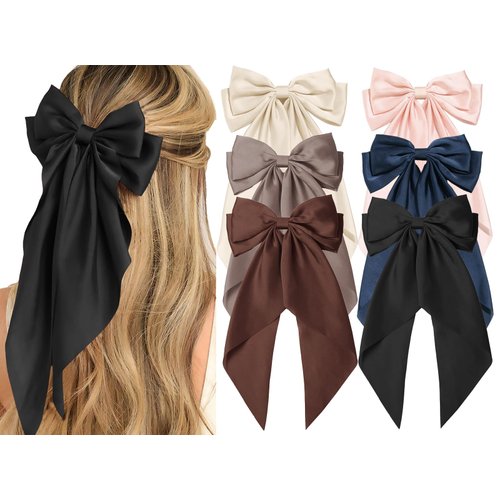 Hair Bows for Women Big Bows Hair Accessories for Women Girls, Cute Oversized Bow Hair Clips with Long Tails, Silky Satin Ribbon Bows for Hair, Fall Neutral Colors 6 PCS