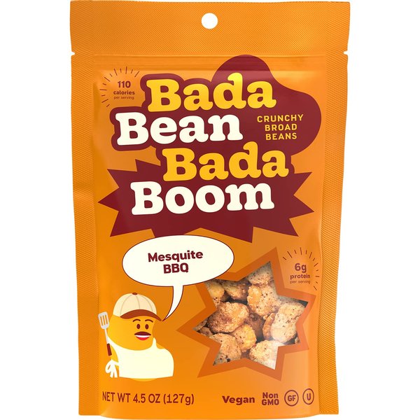 Bada Bean Bada Boom Plant-Based Protein, Gluten Free, Vegan, Crunchy Roasted Broad (Fava) Bean Snacks, 100 Calories per Serving, Mesquite BBQ, 4.5 Ounce (Pack of 6)