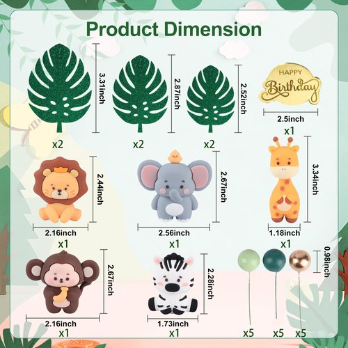 HPLYEL 27PCS Safari Animal Cake Topper, Plam Leaves Balls Cake Decorations Birthday Cake for Wild Theme Birthday Decorations Baby Shower Supplies