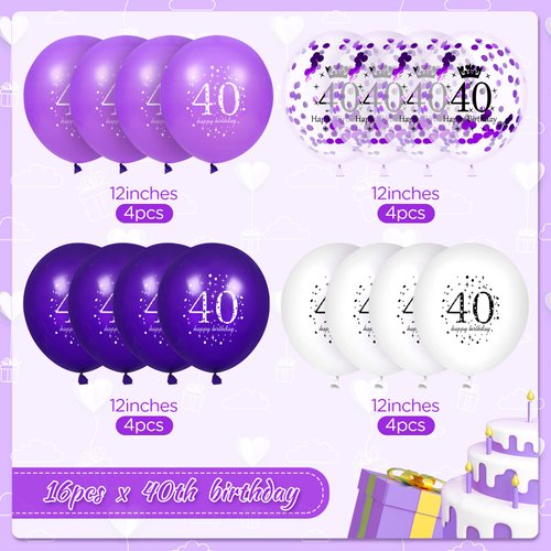 40th Purple Birthday Balloons Decorations, 16PCS Purple White Happy 40th Birthday Confetti Latex Balloons for Women Men Happy Birthday Party Wedding Anniversary Indoor Outdoor Party Supplies,12 Inch