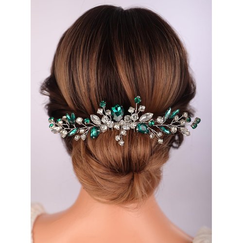 Teyglen Bride Crystal Wedding Hair Comb Green Rhinestone Bridal Side Comb Wedding Hair Accessories Teardrop Crystal Hair Piece Rhinestone Headpiece for Women Bride Girls (Silver-Green)