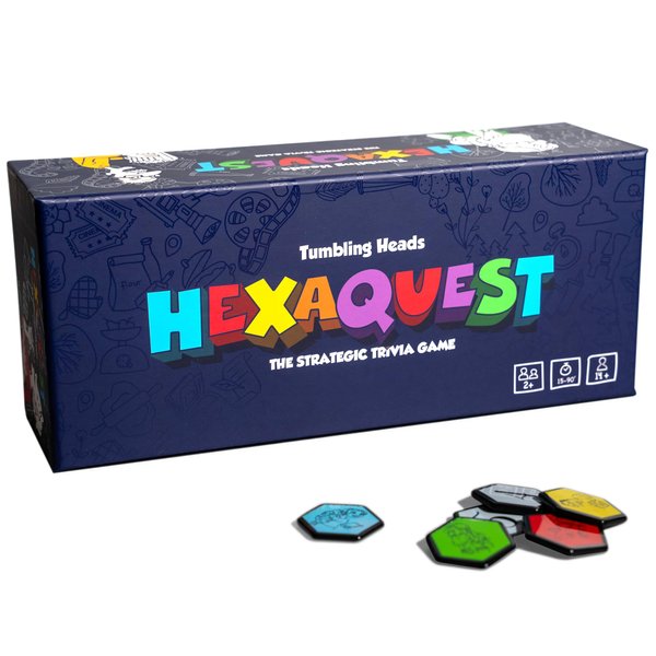 Hexaquest: Strategic Trivia Board Game - 1500 Questions, 6 Categories, 65 Hexagon Tiles, Luxury Bag - Quick to Learn