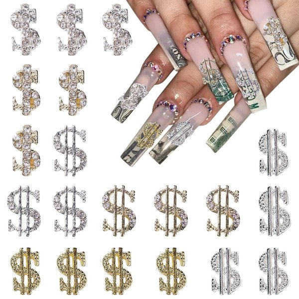 20 Pcs Money Sign Nail Charms Alloy Money Dollar Nail Art Charms with Rhinestone Gold and Silver Dollar Sign Nail Jewelry Flat Back Dollar Money Rhinestones for Nails Decoration Accessories