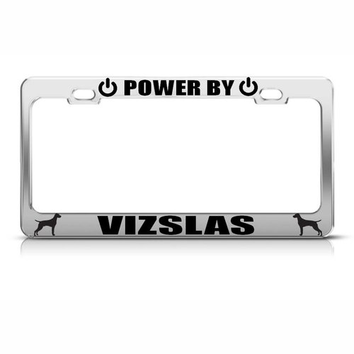 Speedy Pros Metal License Plate Frame Powered by Vizslas Car Accessories Chrome 2 Holes