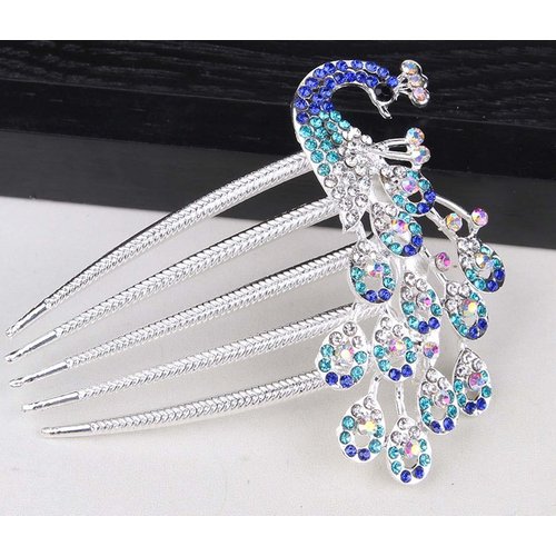 Wedding Bridal Headpiece Rhinestone Hair Comb Women Peacock Hair Clip Side Comb Hair Accessory(Blue)