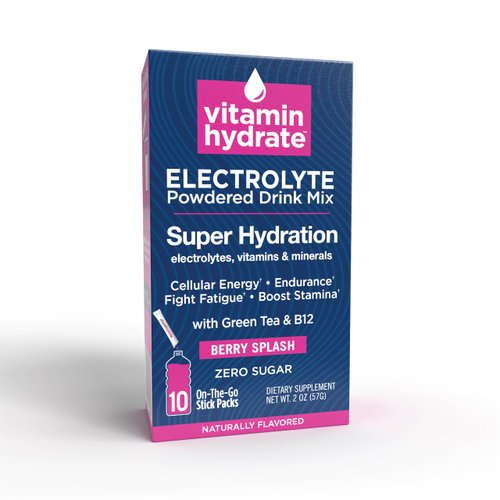 Vitamin Hydrate Electrolyte Powdered Drink Mix, Super Hydration, Boost Stamina & Fights Fatigue, Bursting with Electrolytes, Vitamins & Minerals, 0 Sugar, Berry Splash, 10 Stick Packs