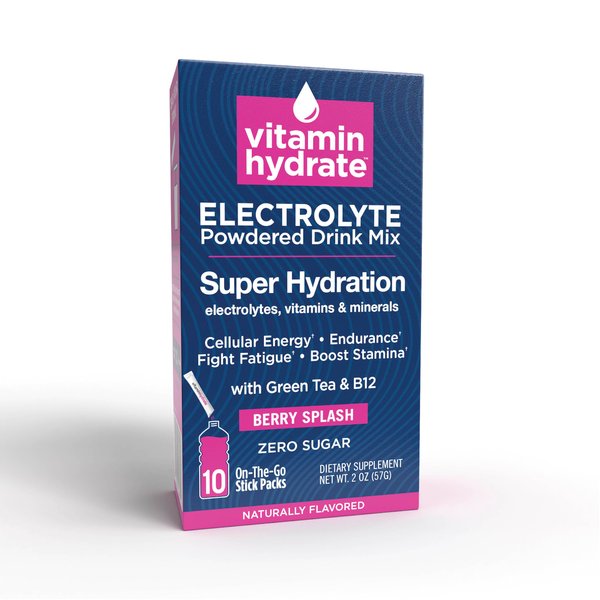 Vitamin Hydrate Electrolyte Powdered Drink Mix, Super Hydration, Boost Stamina & Fights Fatigue, Bursting with Electrolytes, Vitamins & Minerals, 0 Sugar, Berry Splash, 10 Stick Packs