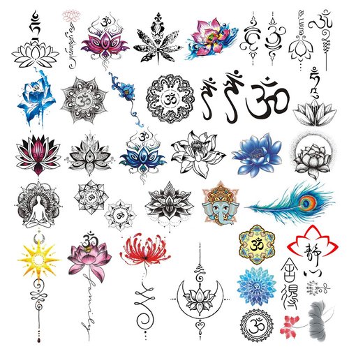 CARGEN Realistic Lotus Temporary Tattoos - 30 Sheets Yoga Style Stickers OM Lycoris Mandala Flower Elephant Moon Peacock Feather Sanskrit Tibetan Meditation Fearless Temporary Fake Tattoo Body Art