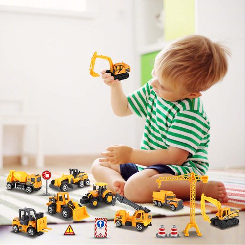 Oriate Construction Cars Toys for Kids, Diecast Engineering Vehicles Toy Set w/Flatbed Trailer & Road Signs, Excavator,Bulldozer, Forklift, for 3 4 5 6 Years Old Children Great for Easter Baskets